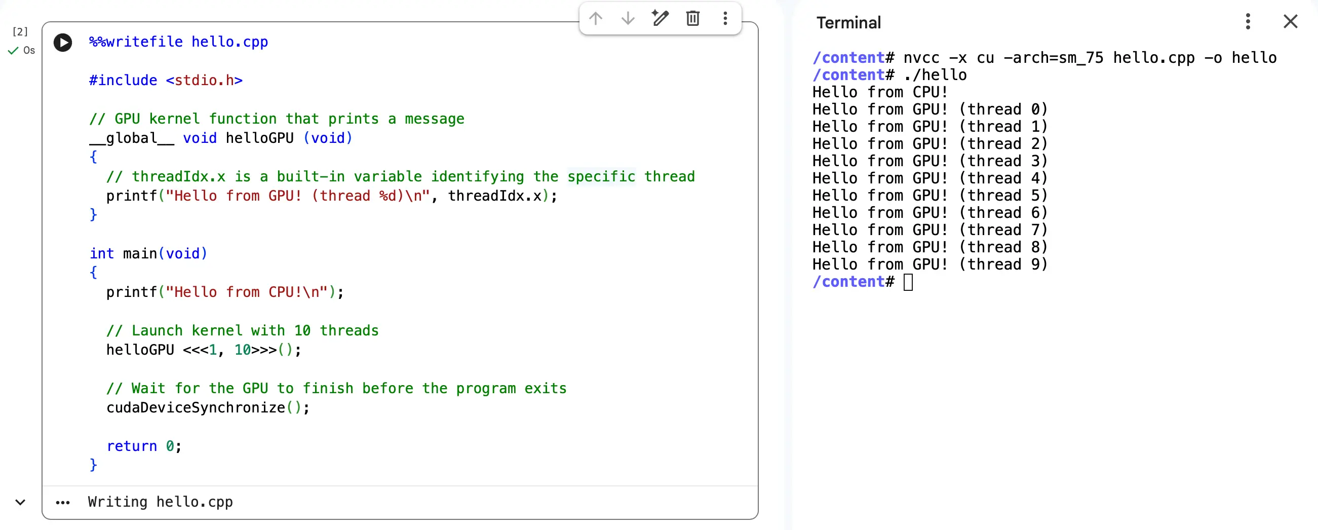 CUDA-based Hello World program source code and terminal output in Google Colab